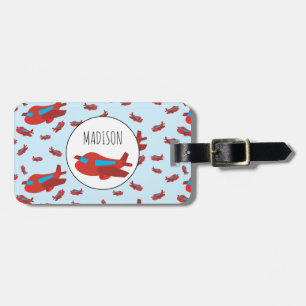 Red & Blue Airplane Pattern Custom Name Luggage Tag