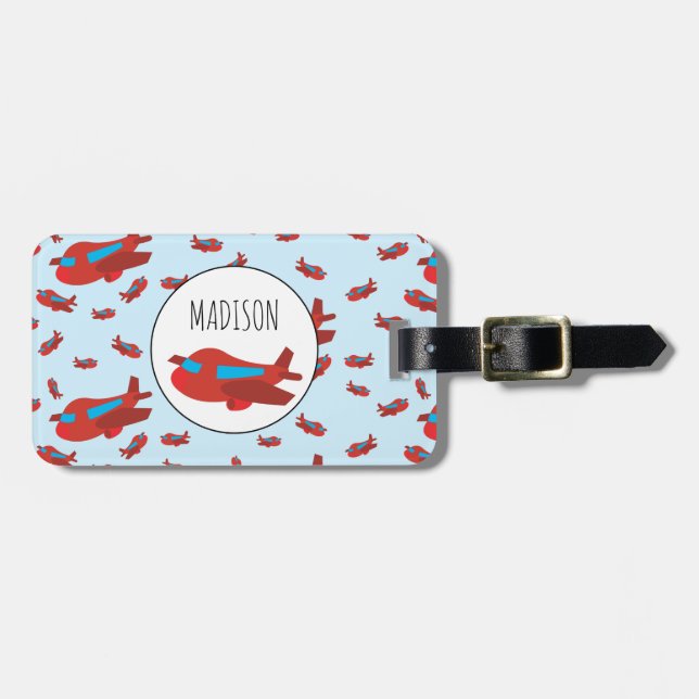 Red & Blue Airplane Pattern Custom Name Luggage Tag (Front Horizontal)