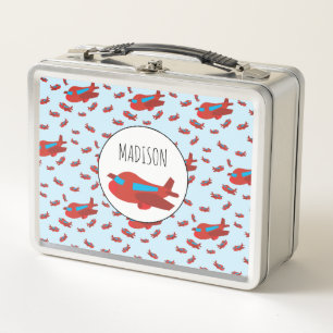 Red & Blue Airplane Pattern Custom Name Metal Lunch Box