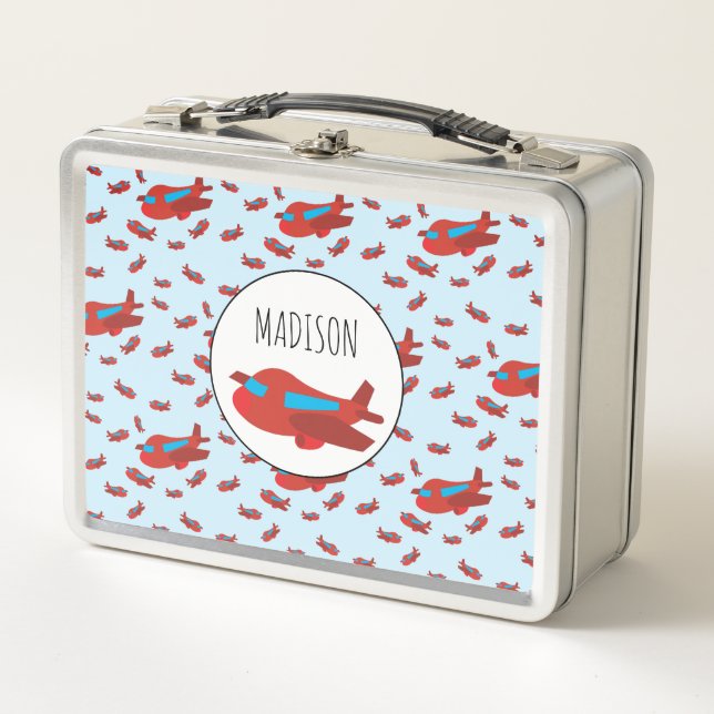 Red & Blue Airplane Pattern Custom Name Metal Lunch Box (Front)