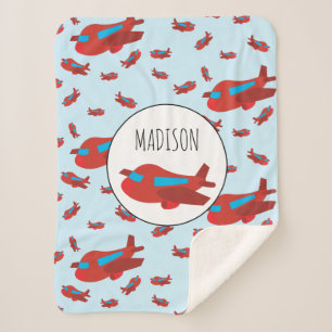 Red & Blue Airplane Pattern Custom Name Sherpa Blanket