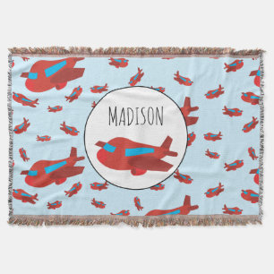 Red & Blue Airplane Pattern Custom Name Throw Blanket
