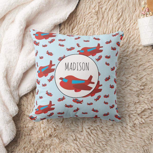 Red & Blue Airplane Pattern Custom Name Throw Pillow (Blanket)