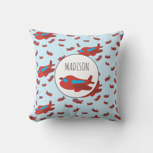 Red & Blue Airplane Pattern Custom Name Throw Pillow