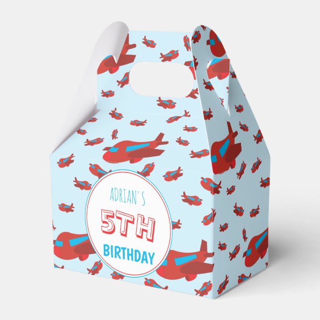Red Blue Airplane Pattern Kids Boys Girls Birthday Favor Box (Front Side)