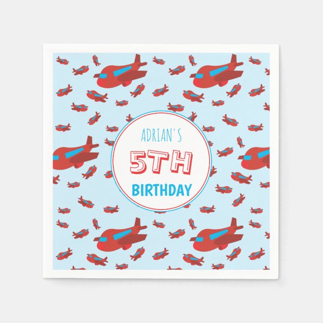 Red Blue Airplane Pattern Kids Boys Girls Birthday Napkin (Front)