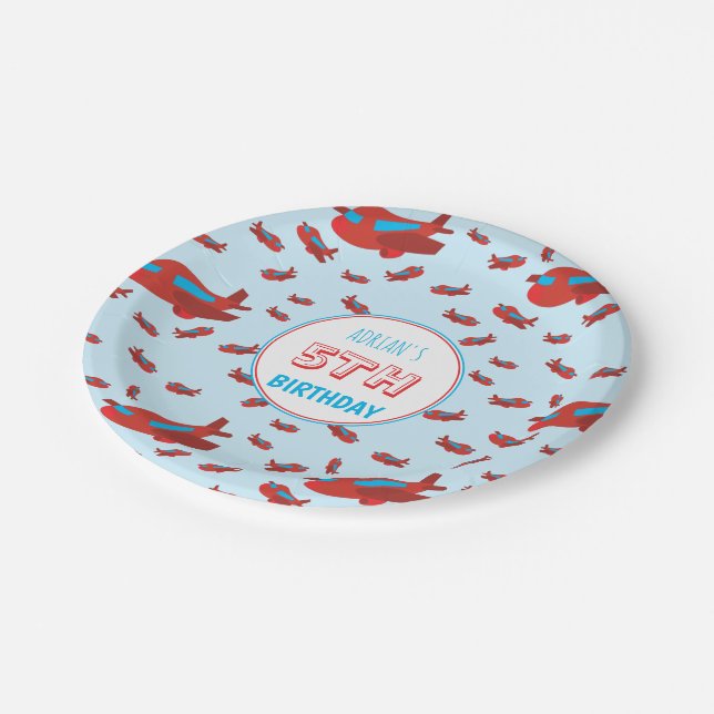 Red Blue Airplane Pattern Kids Boys Girls Birthday Paper Plate (Angled)