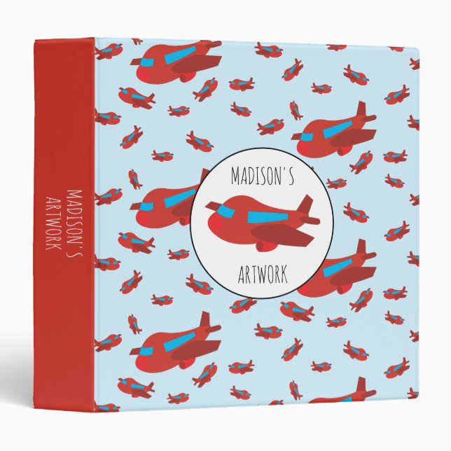 Red Blue Airplane Pattern Kids Name Artwork Album Binder (Front/Spine)