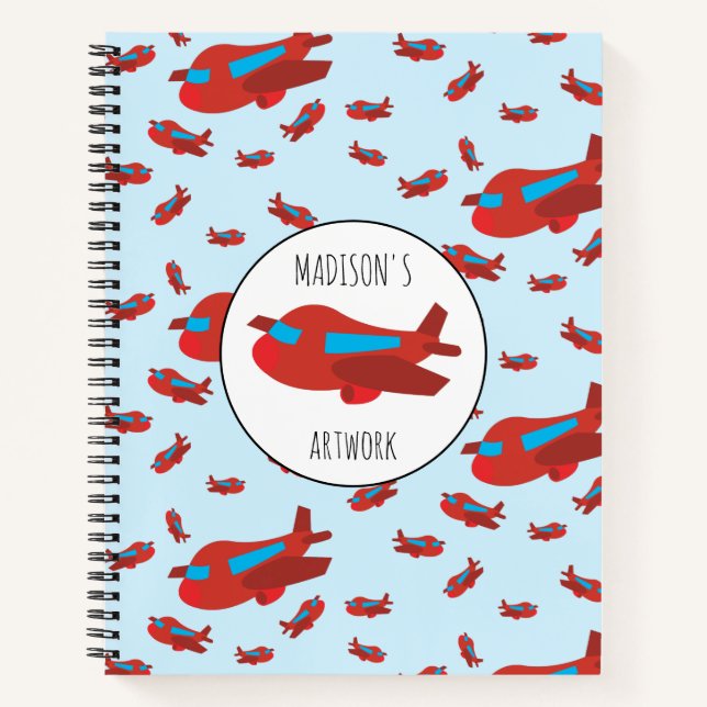 Red & Blue Airplane Pattern Kids Name Sketchbook Notebook (Front)