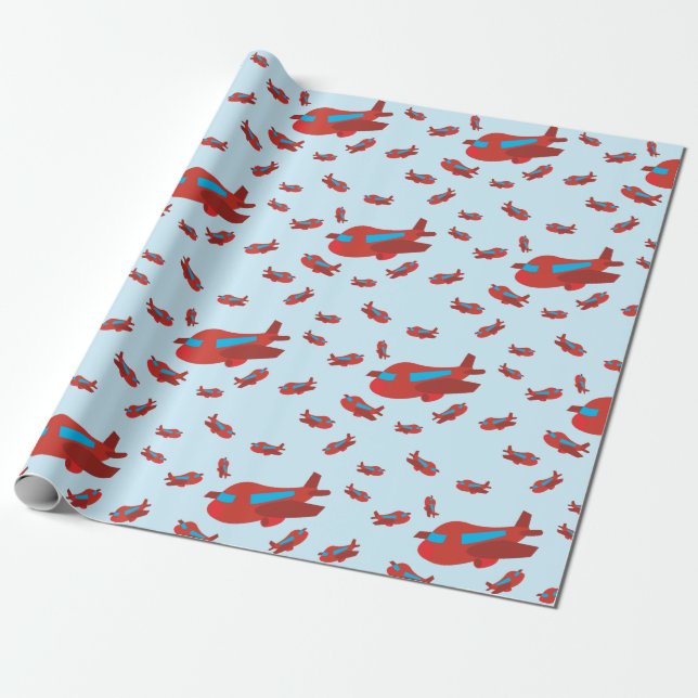 Red & Blue Airplane Pattern Wrapping Paper (Unrolled)