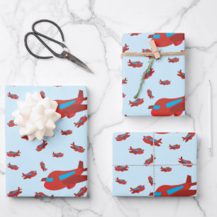 Red & Blue Airplane Pattern Wrapping Paper Sheet