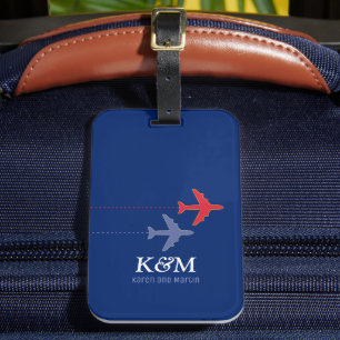 red & blue Airplanes with Couple Names Travel Luggage Tag