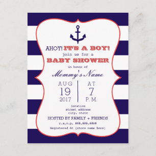 Red + Blue Anchor + Stripes Boy Baby Shower Invitation