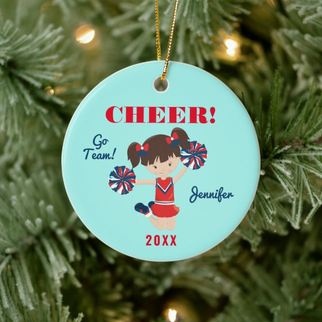 Red, Blue and Aqua Cheer Brunette Cheerleader Ceramic Ornament (Tree)