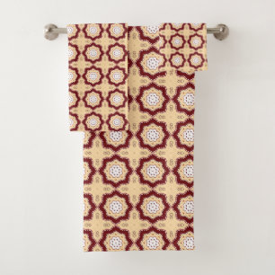 Red blue and beige geometric pattern bath towel set