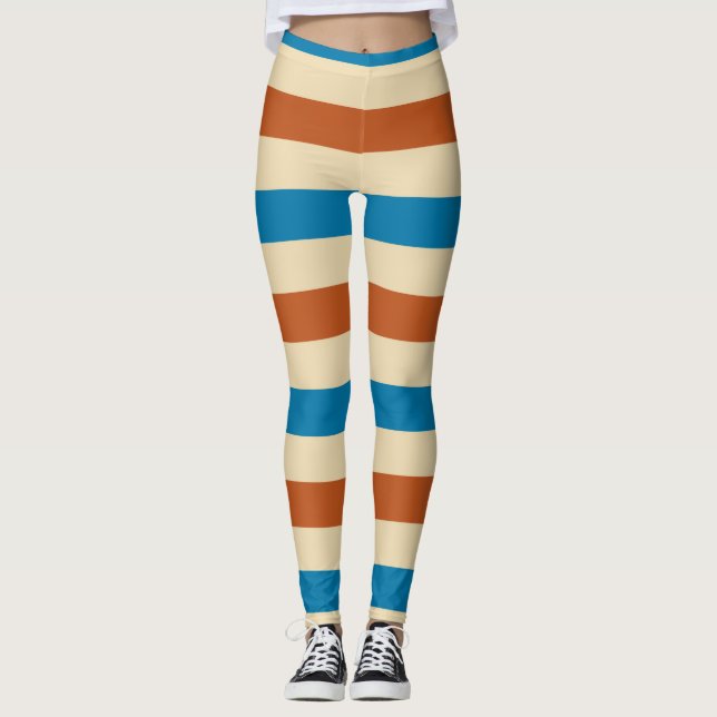 Red Blue and Cream Band Pattern Leggings (Front)