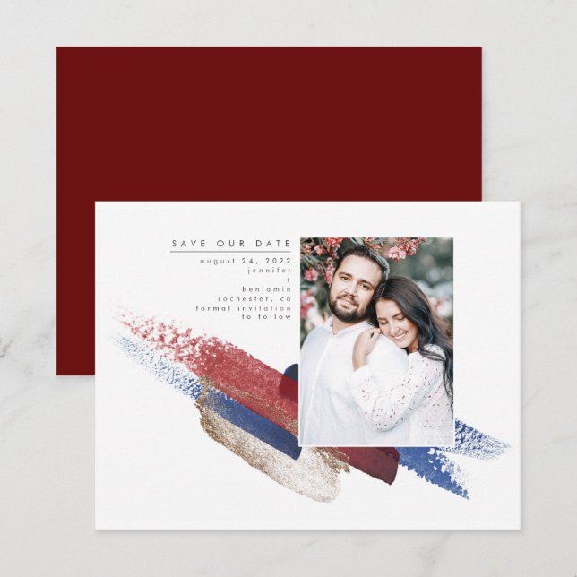 Red Blue and Gold Modern Save the Date Photo (Front/Back)