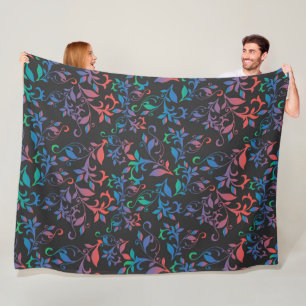 Red, Blue and Green Abstract Floral on Black Fleece Blanket