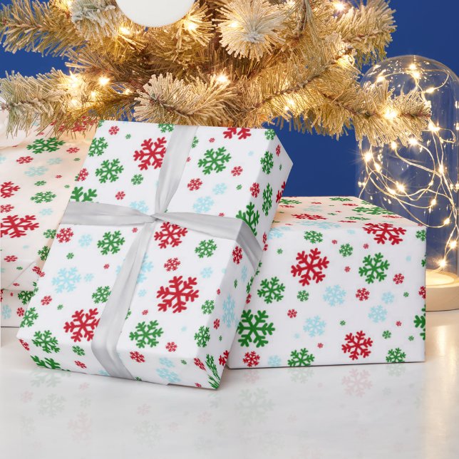 Red, Blue and Green Christmas Snowflake Pattern Wrapping Paper (Holidays)