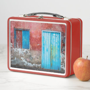 Red, blue and grey wall, door and window metal lunch box