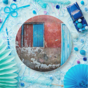 Red, blue and grey wall, door and window paper plate