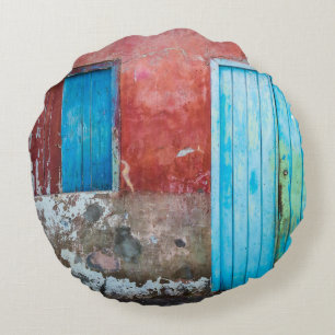 Red, blue and grey wall, door and window round pillow