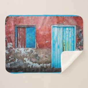 Red, blue and grey wall, door and window sherpa blanket