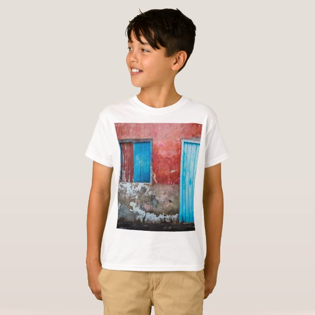 Red, blue and grey wall, door and window T-Shirt (Front Full)