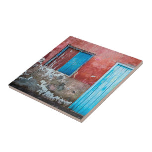 Red, blue and grey wall, door and window tile