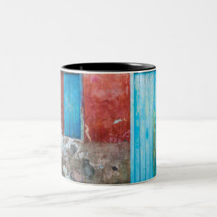 Red, blue and grey wall, door and window Two-Tone coffee mug
