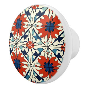 Red Blue and Off White Pattern  Ceramic Knob