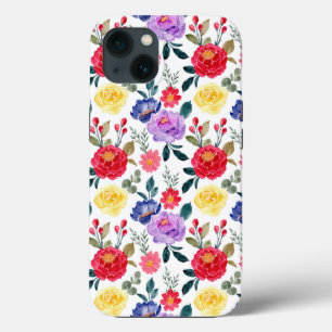 Red Blue and Purple Watercolor Flowers iPhone 13 Case
