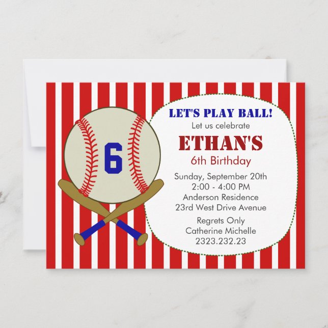 Red, Blue and White Baseball Birthday Party Invite (Front)