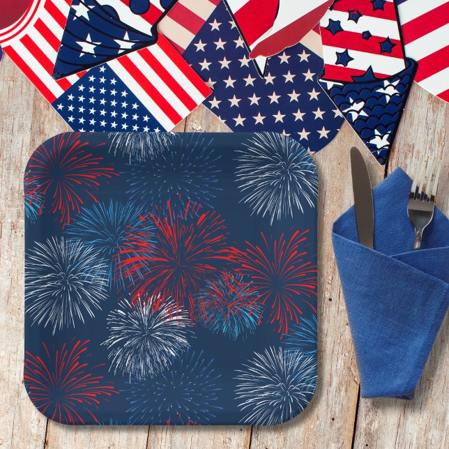 Red Blue and White Fireworks Paper Plate (Creator Uploaded)