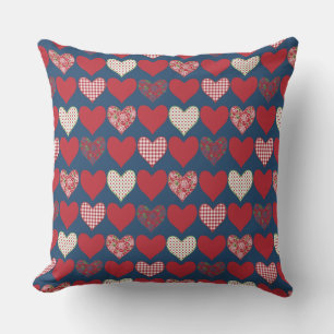 Red, Blue and White Hearts on Midnight Blue Throw Pillow