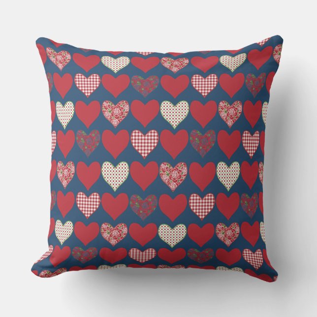 Red, Blue and White Hearts on Midnight Blue Throw Pillow (Front)