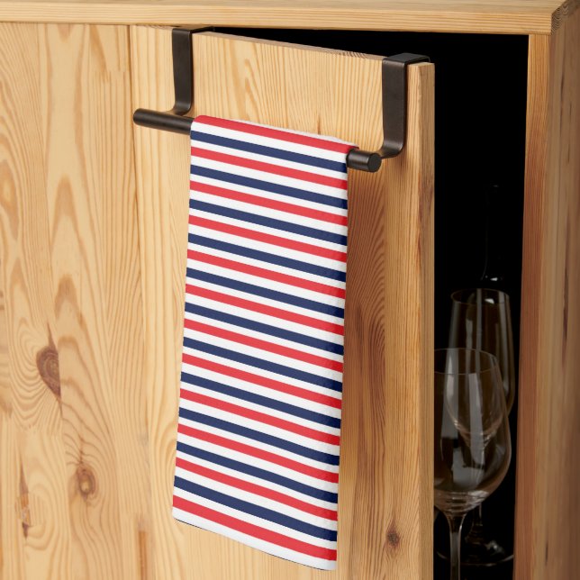 Red, blue and white stripes pattern kitchen towel (Thirds Fold)
