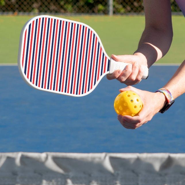 Red, blue and white stripes pattern pickleball paddle (Insitu)