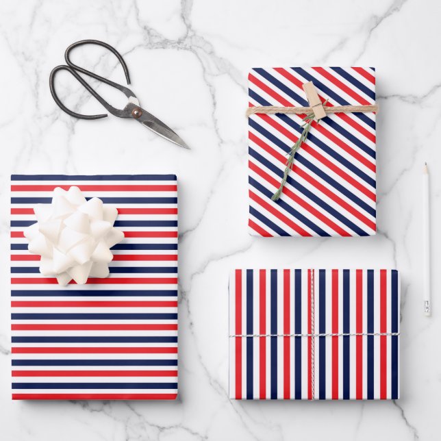 Red, blue and white stripes pattern wrapping paper sheet (Front)