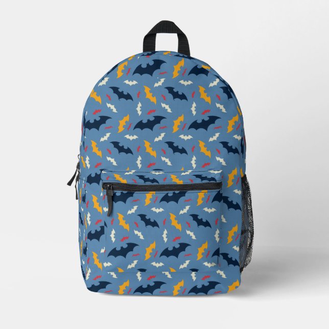 Red, Blue, and Yellow Bat Logo Pattern Printed Backpack (Front)