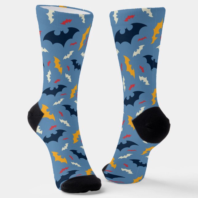 Red, Blue, and Yellow Bat Logo Pattern Socks (Angled)