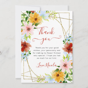 Red, Blue and Yellow Flowers Frame Sweet 16 Thank You Card