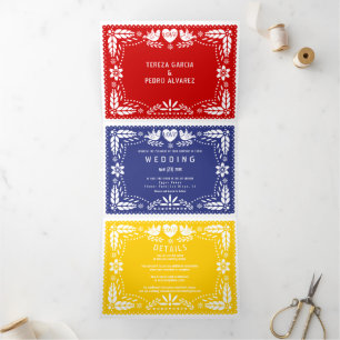 Red blue and yellow papel picado lovebirds wedding Tri-Fold invitation