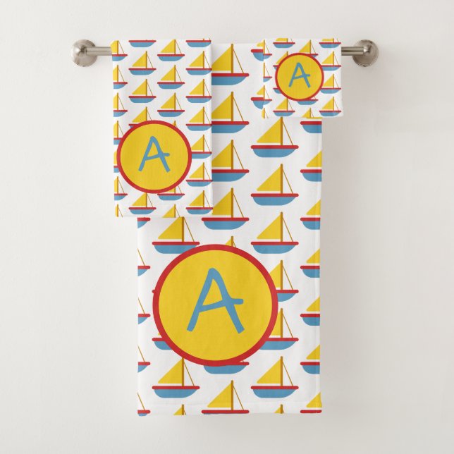 Red Blue and Yellow Toy Sailboat Monogram (En situation)