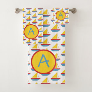 Red Blue and Yellow Toy Sailboat Monogram Bath Towel Set