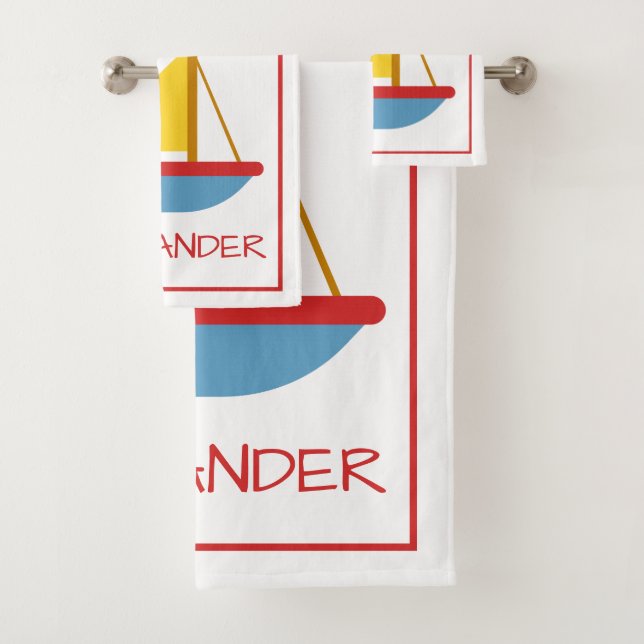 Red Blue and Yellow Toy Sailboat Personalized Bath Towel Set (Insitu)