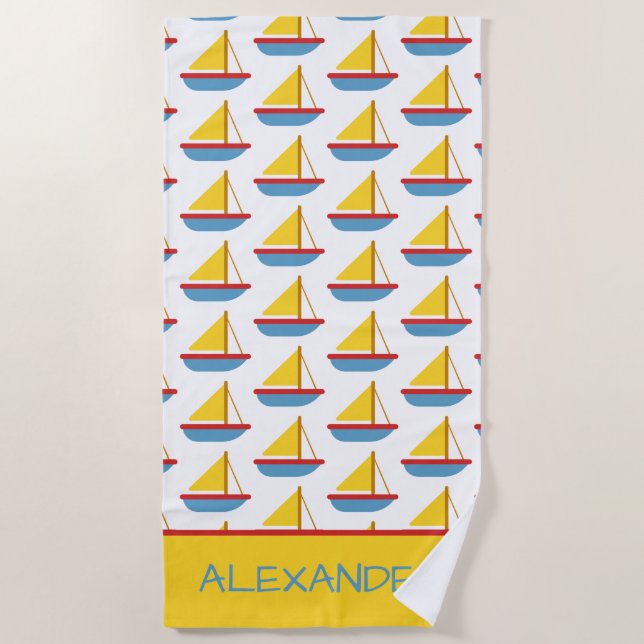 Red Blue and Yellow Toy Sailboat Personalized Beach Towel (Front)