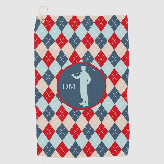 Red Blue Argyle Silhouette Golfer Monogram Golf Towel (Front)