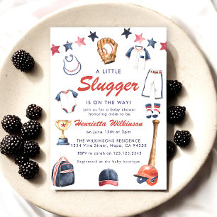 Red Blue Baseball Baby Shower - A Little Slugger Invitation