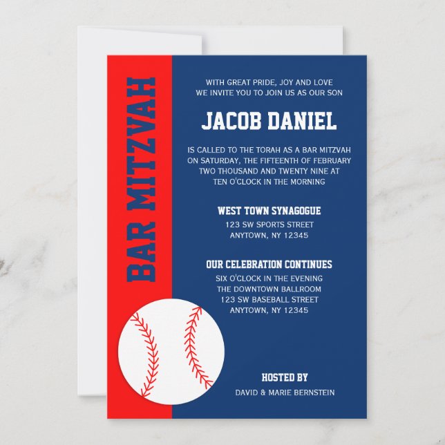 Red Blue Baseball Bar Mitzvah Invitation (Front)